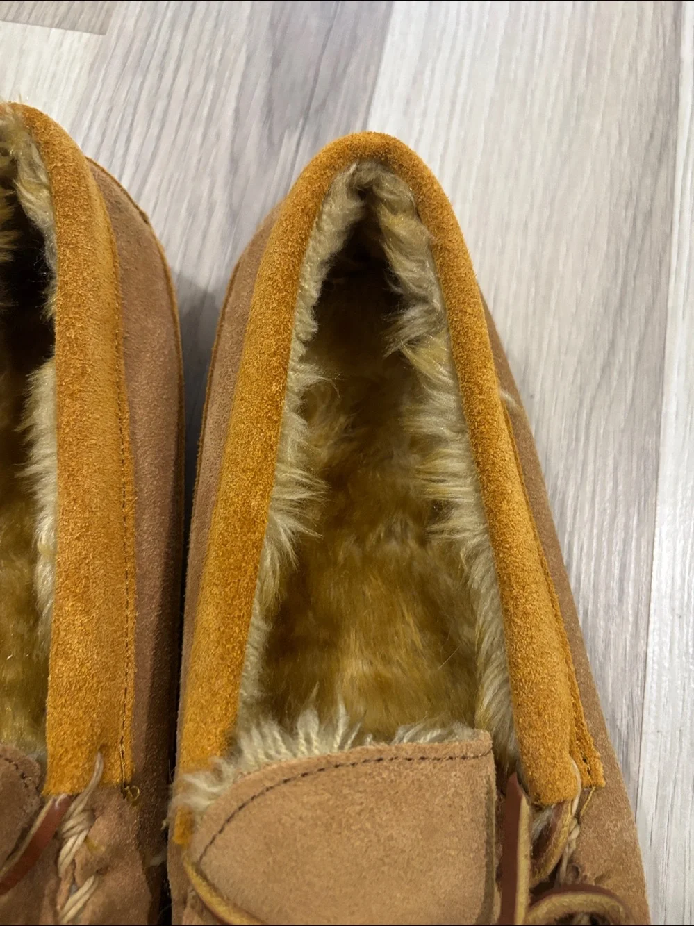 L.L. Brown Suede Moccasin Slippers with Fur Lining Kids Size 6